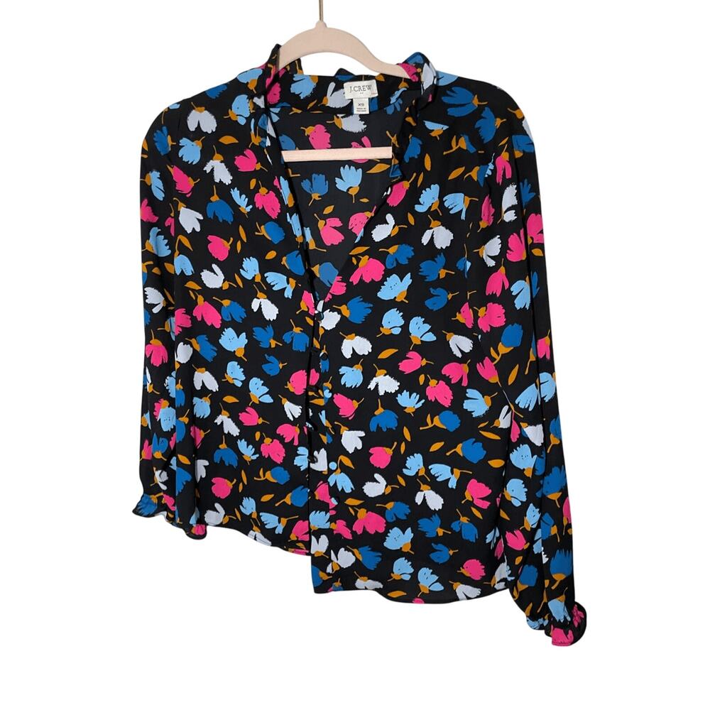J.Crew Factory Novelty Print Covered Button Floral Black and Pink Blouse Preppy